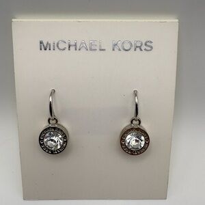 Michael Kors Silver-Tone Crystal Drop Earrings - Clear Round Center Stone